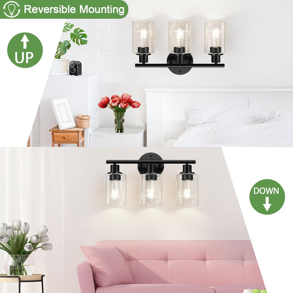 Zarbitta 3-Light Bathroom Light Fixtures, 17.23" Black Modern Vanity Lights with Clear Glass Shade, Bathroom Wall Lamp