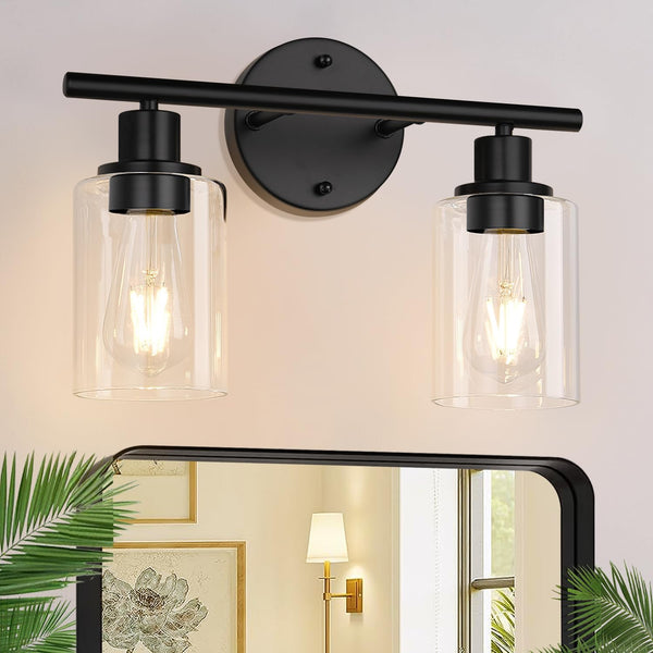 Zarbitta 2-Light Bathroom Light Fixtures, Black Modern Vanity Lights with Clear Glass Shade, Bathroom Wall Lamp