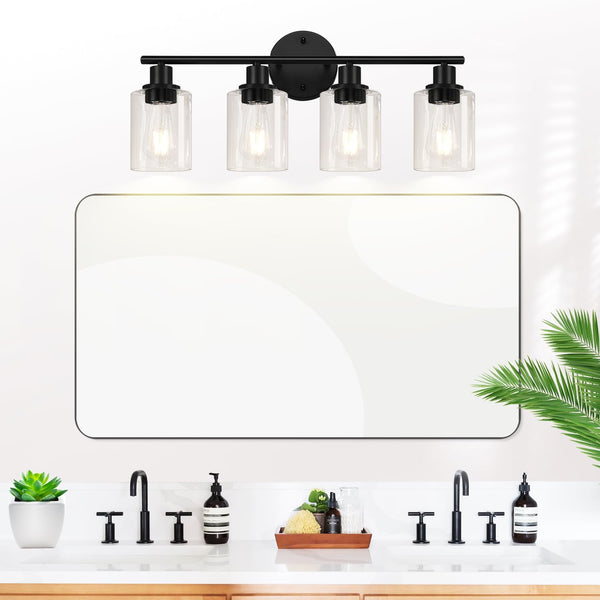 4-Light Bathroom Light Fixtures, Matte Black Modern Vanity Lights Over Mirror with Clear Glass Shade, Bathroom Wall Lamp