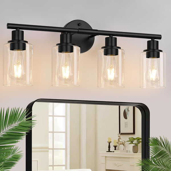 4-Light Bathroom Light Fixtures, Matte Black Modern Vanity Lights Over Mirror with Clear Glass Shade, Bathroom Wall Lamp
