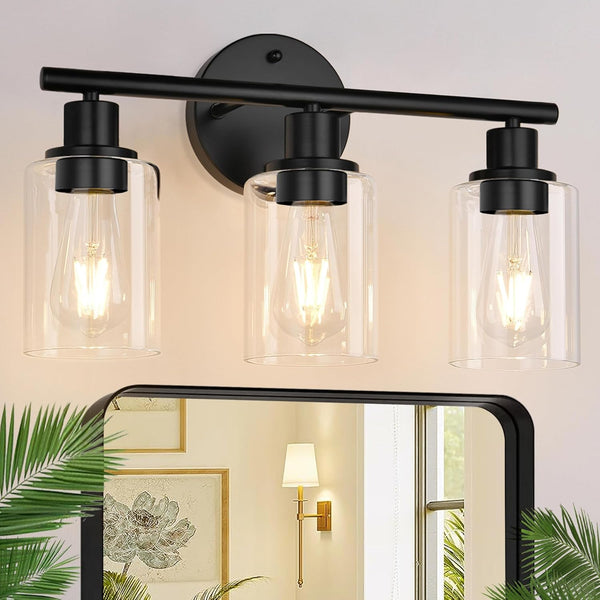 Zarbitta 3-Light Bathroom Light Fixtures, 17.23" Black Modern Vanity Lights with Clear Glass Shade, Bathroom Wall Lamp